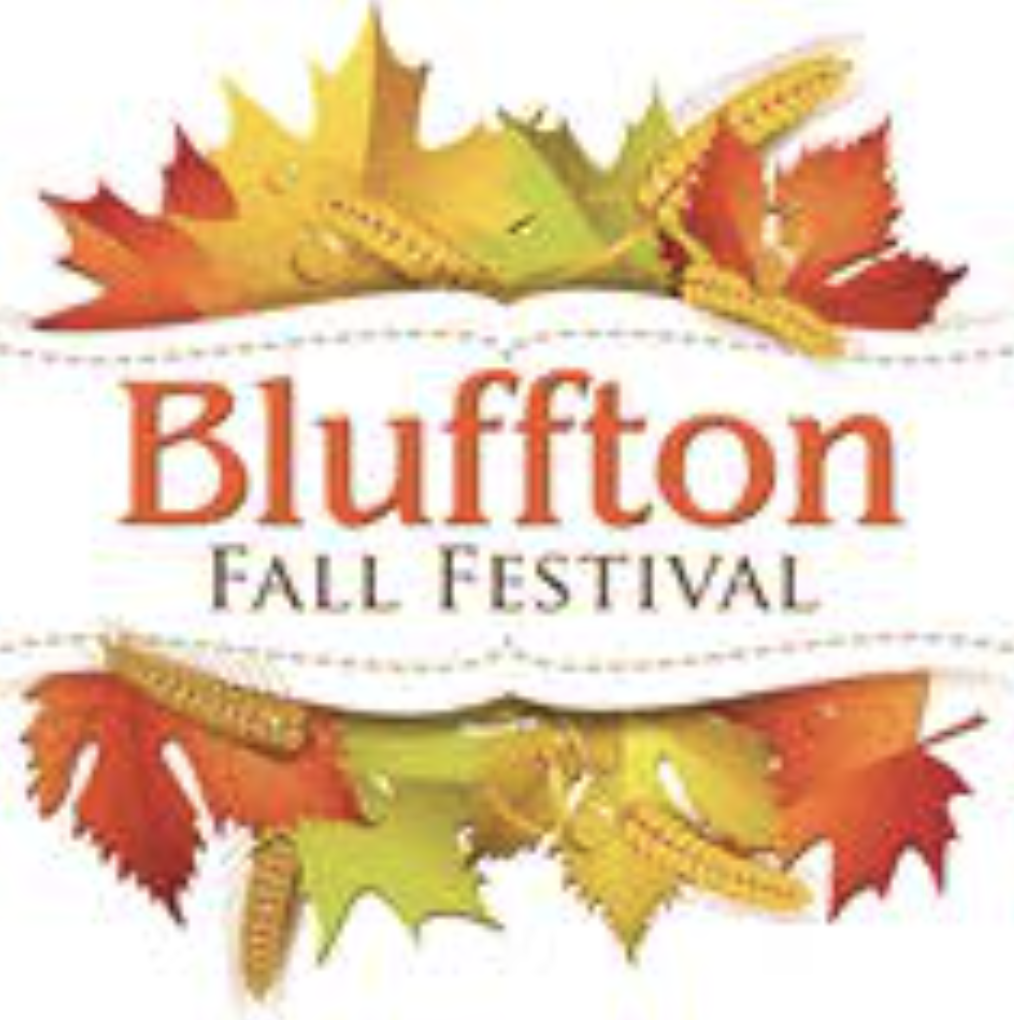 Orange green and yellow leaves with orange and black text that reads Bluffton Fall Festival